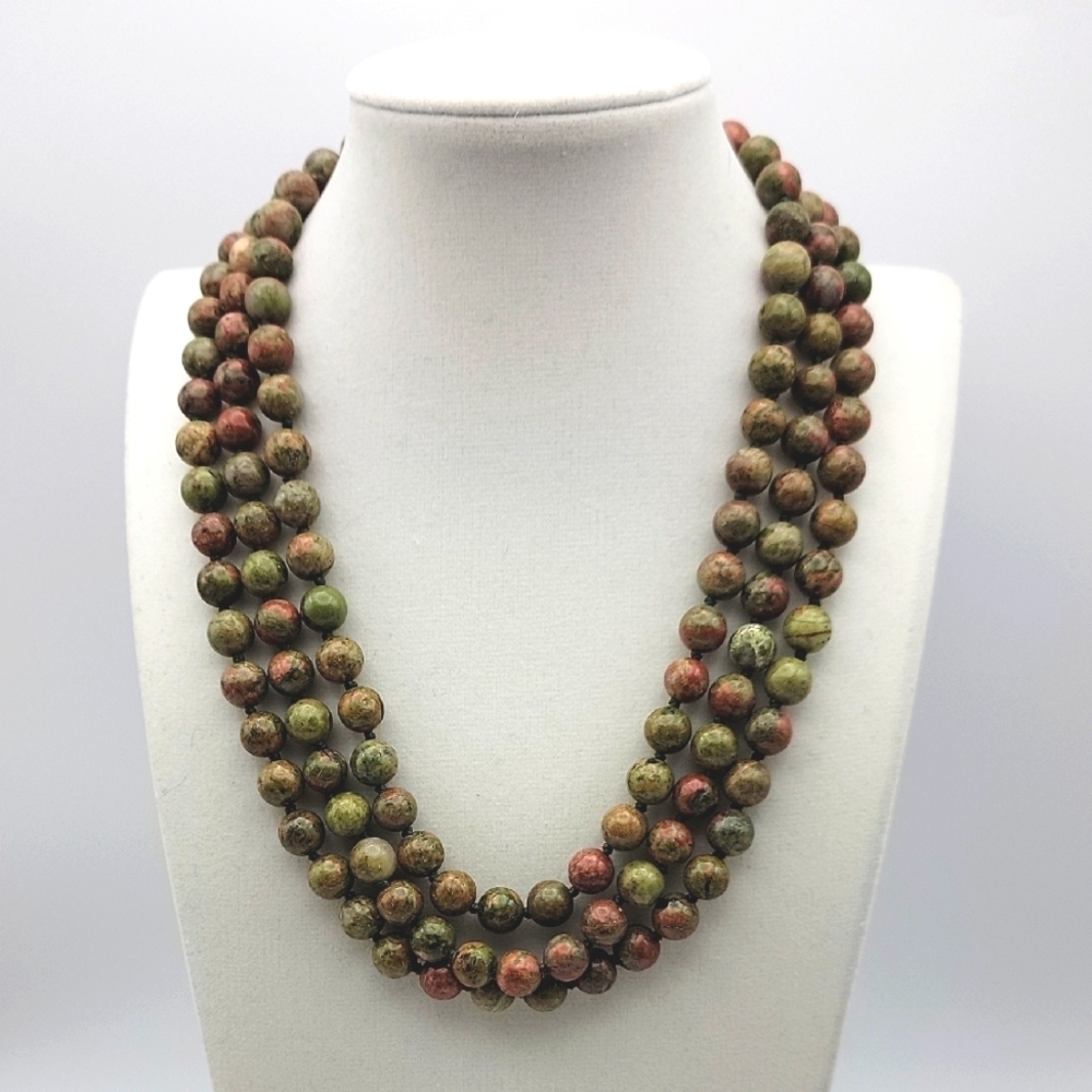 3 Stand 8mm Multicolor Unakite Natural  Gemstone Round Beads Necklace 17-19 inch